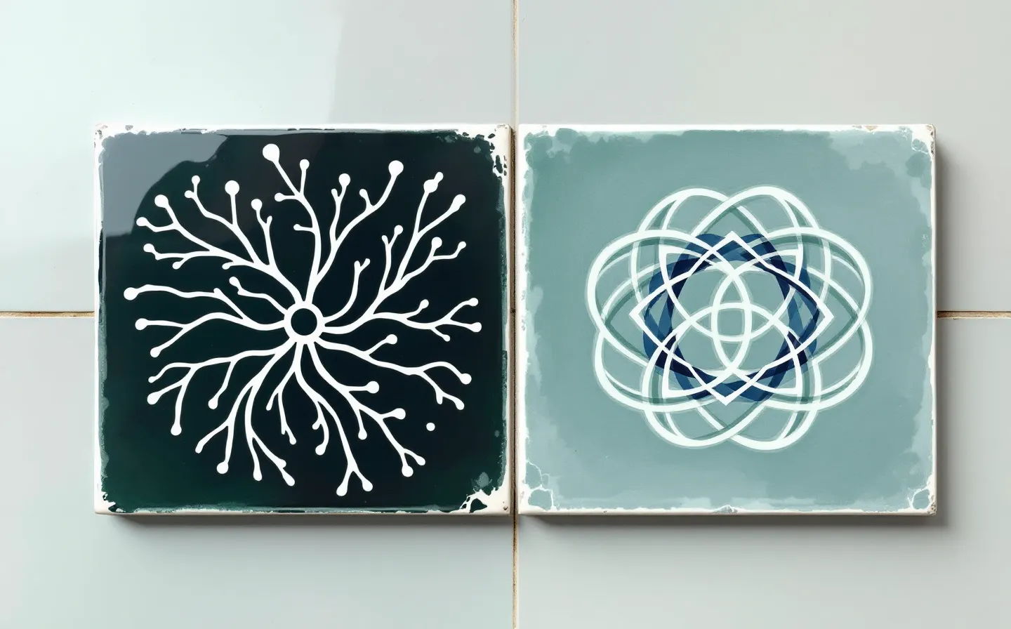 A flat azulejo two-tile blend panel — a cobalt BPC-157 vessel-and-peptide tile beside a glaze-green TB-500 actin-lattice tile — on a cool glazed-porcelain ground